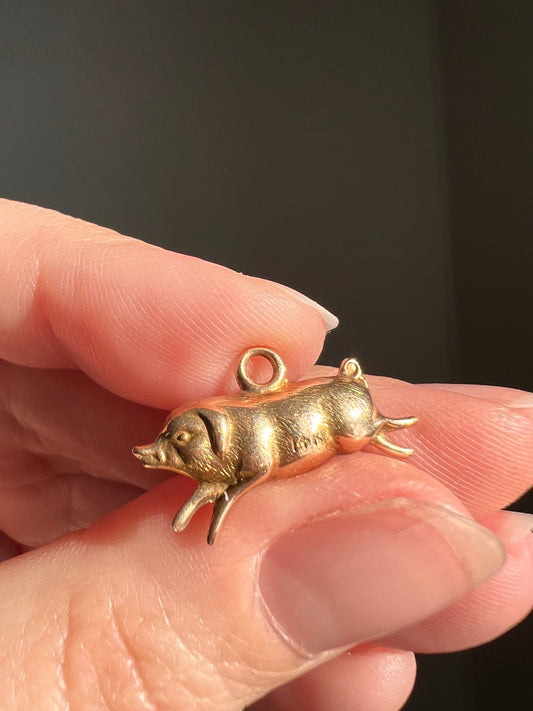 ANTIQUE Figural Lucky PIG 1.1g 14k Gold Pendant Charm Reversible Two Sided Belle Epoque 3D Victorian Animal Jewelry Curled Tail Miniature