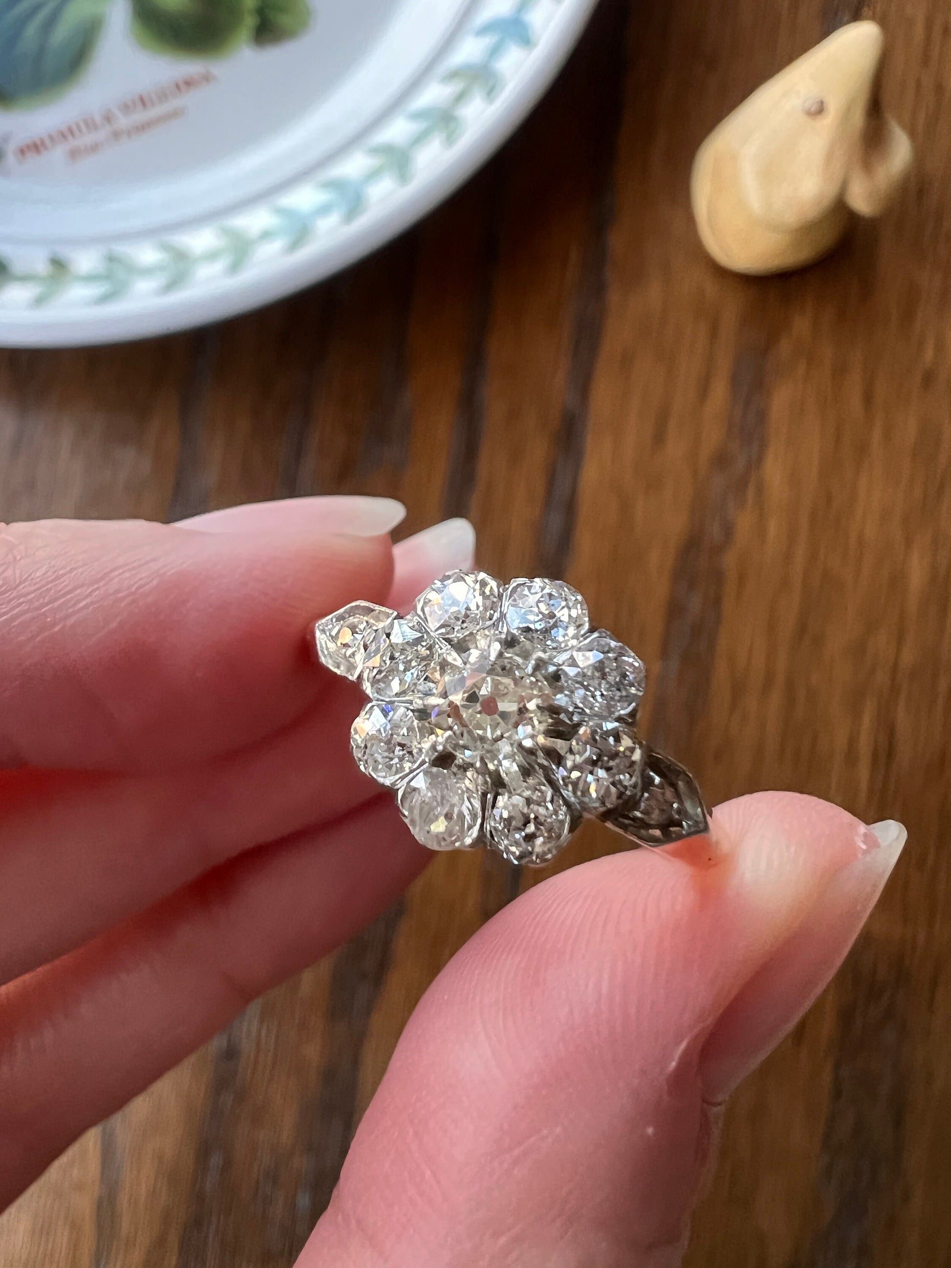 Large FRENCH Antique 1 Carat + 11 Old Mine Cut DiAMOND RiNG 18k Gold PLATINUM 1Ctw Halo Cluster Stacker Romantic Gift Daisy OMC Belle Epoque