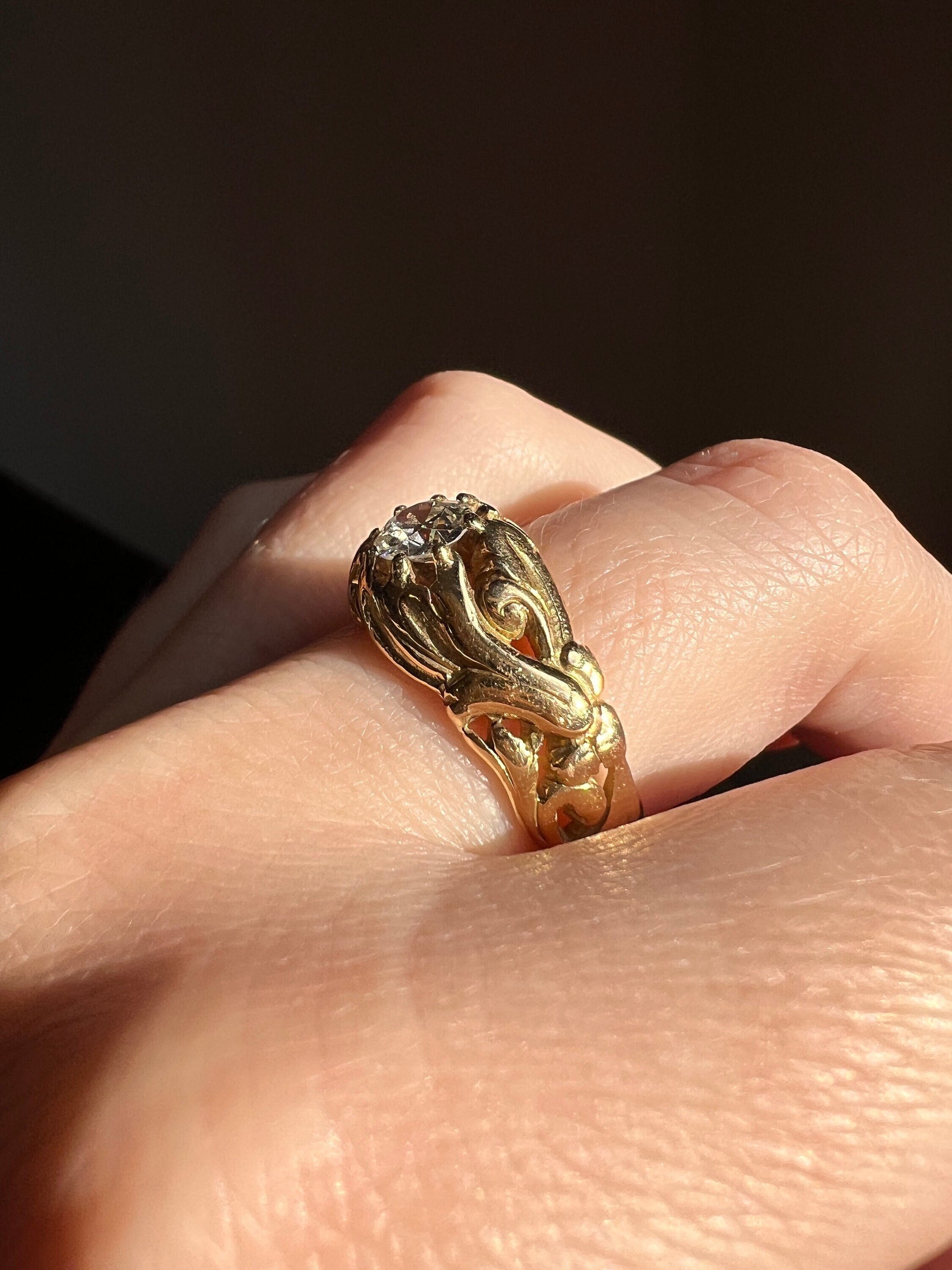 HEAVY French Antique .5 Carat Transitional Cut DIAMOND Swirl GYPSY Ring 9.5g 18k Gold Chunky Stacker Unisex Man Woman Art Deco Leaf .5Ctw