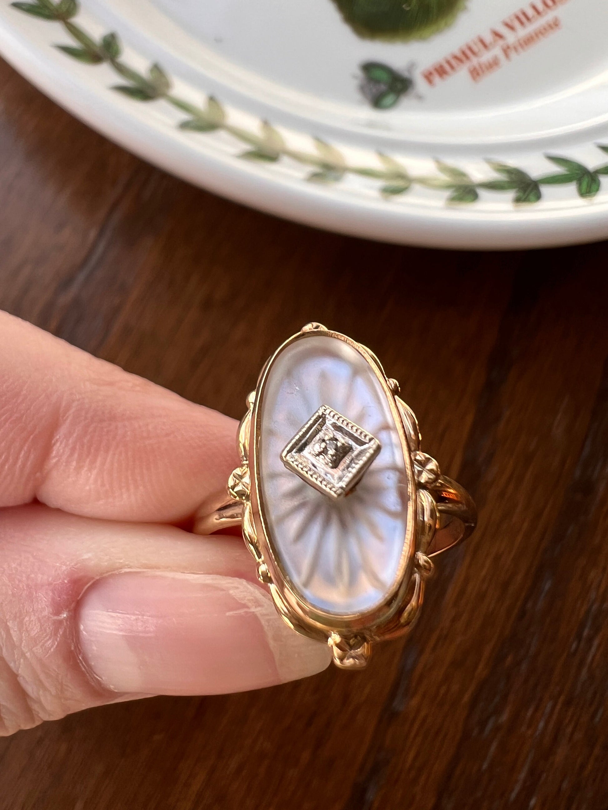 BLUE Glow Antique Camphor Glass Ring Ornate Oval 10k Gold Art Deco Faux Moonstone Rose Cut Diamond Chip Romantic Gift Etched Starburst Lines