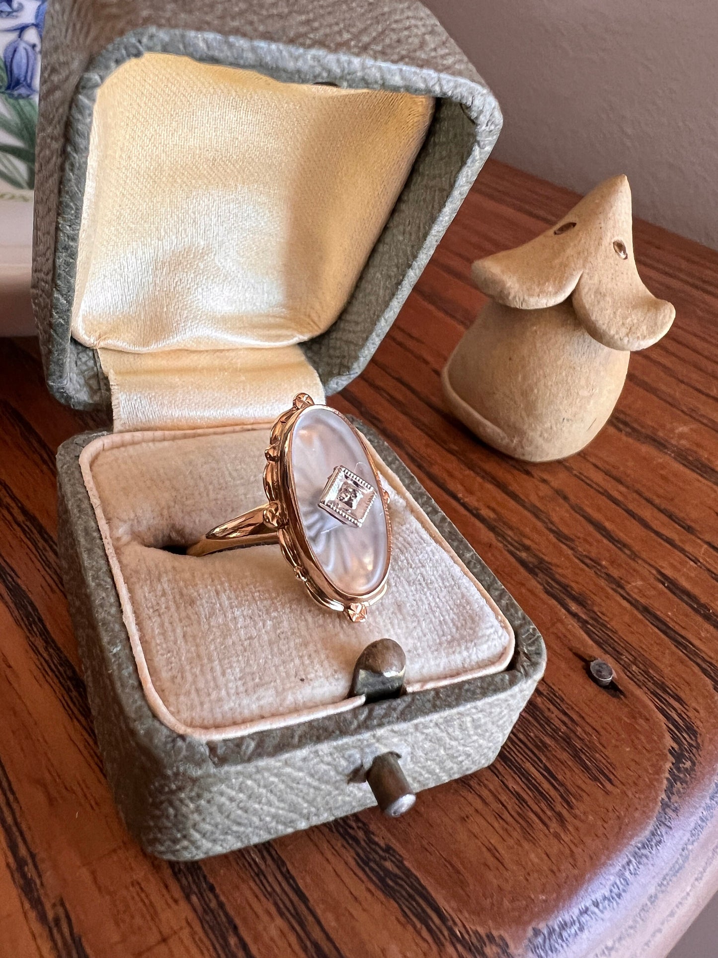 BLUE Glow Antique Camphor Glass Ring Ornate Oval 10k Gold Art Deco Faux Moonstone Rose Cut Diamond Chip Romantic Gift Etched Starburst Lines