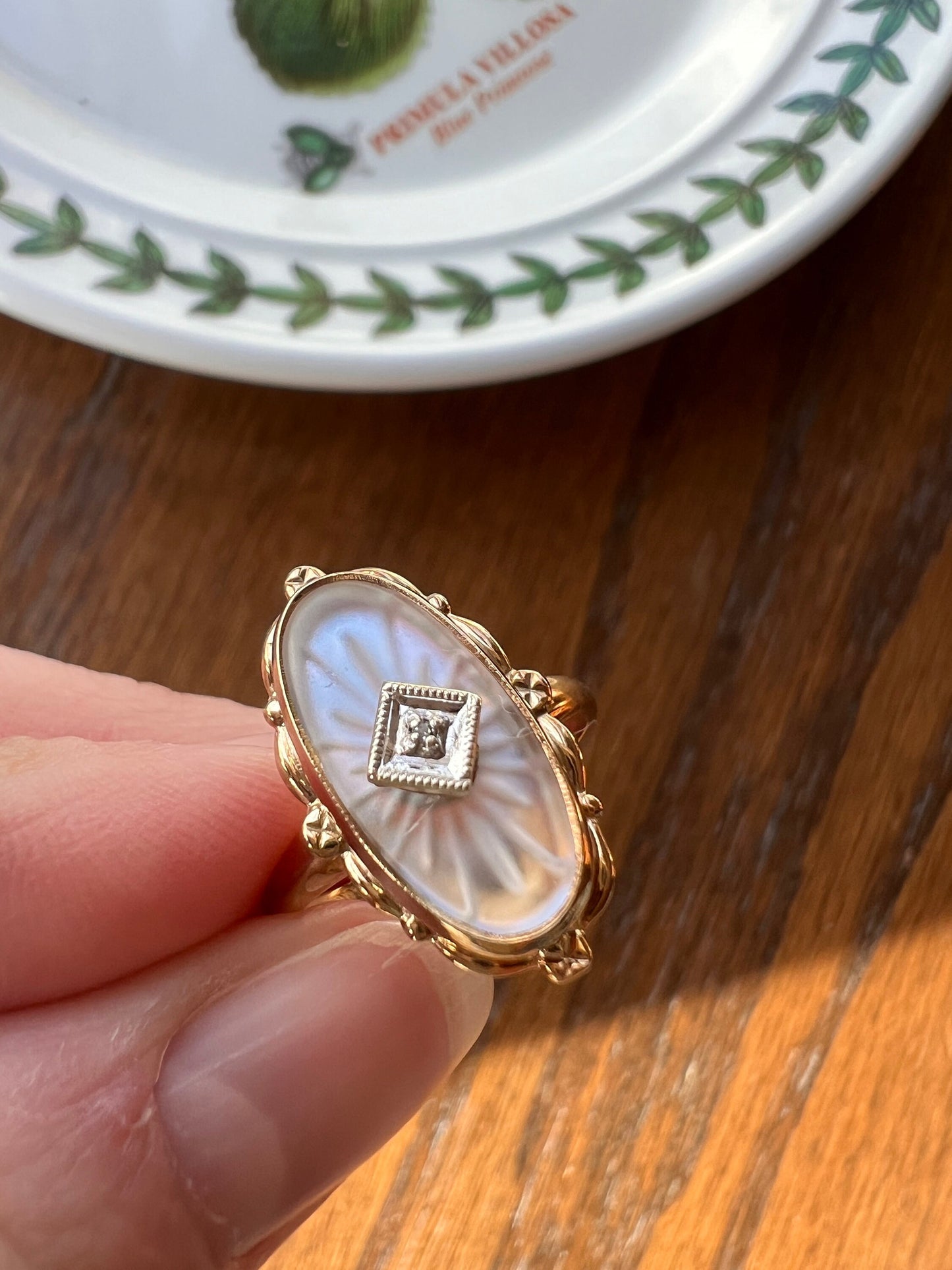 BLUE Glow Antique Camphor Glass Ring Ornate Oval 10k Gold Art Deco Faux Moonstone Rose Cut Diamond Chip Romantic Gift Etched Starburst Lines