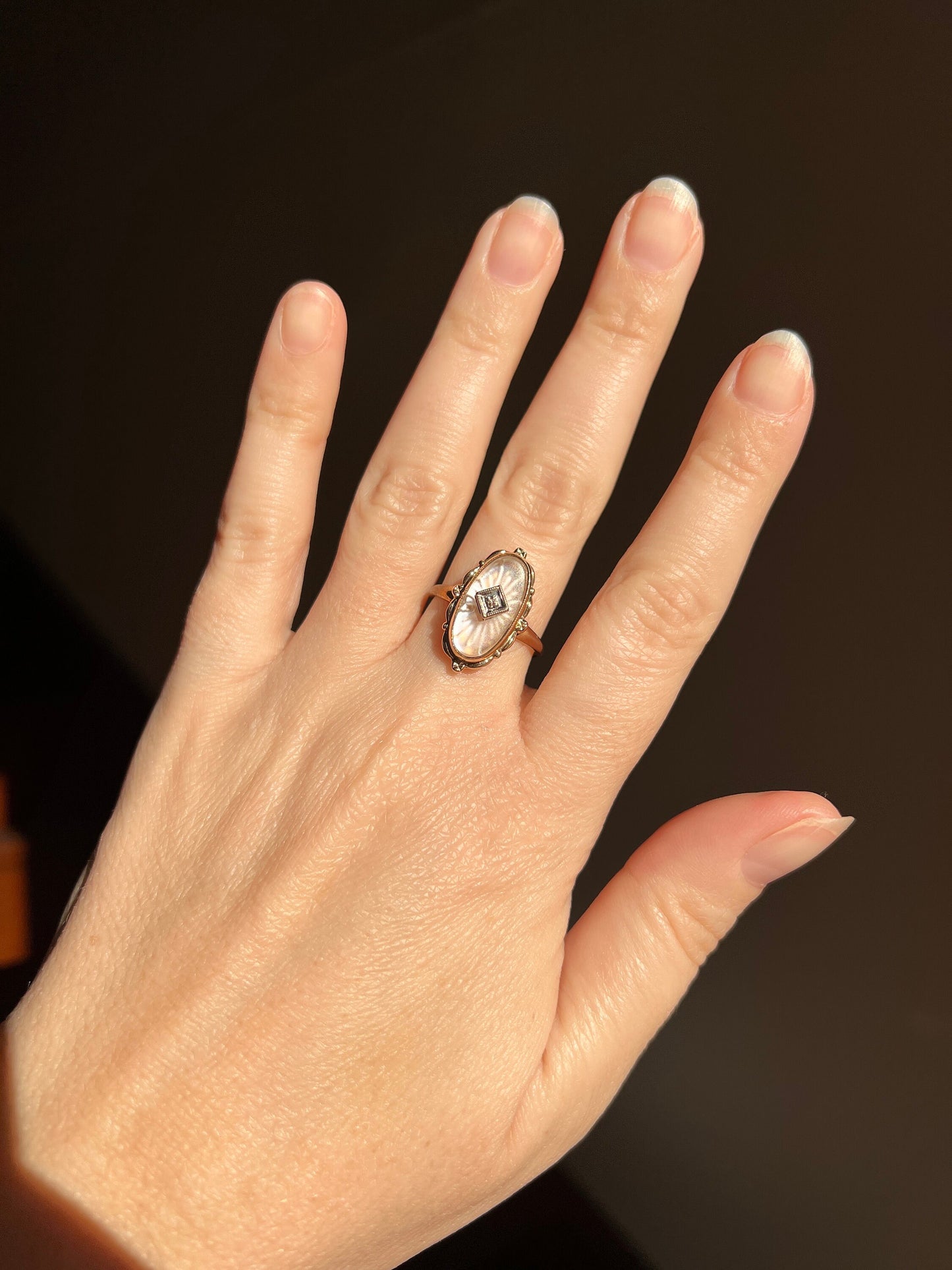 BLUE Glow Antique Camphor Glass Ring Ornate Oval 10k Gold Art Deco Faux Moonstone Rose Cut Diamond Chip Romantic Gift Etched Starburst Lines