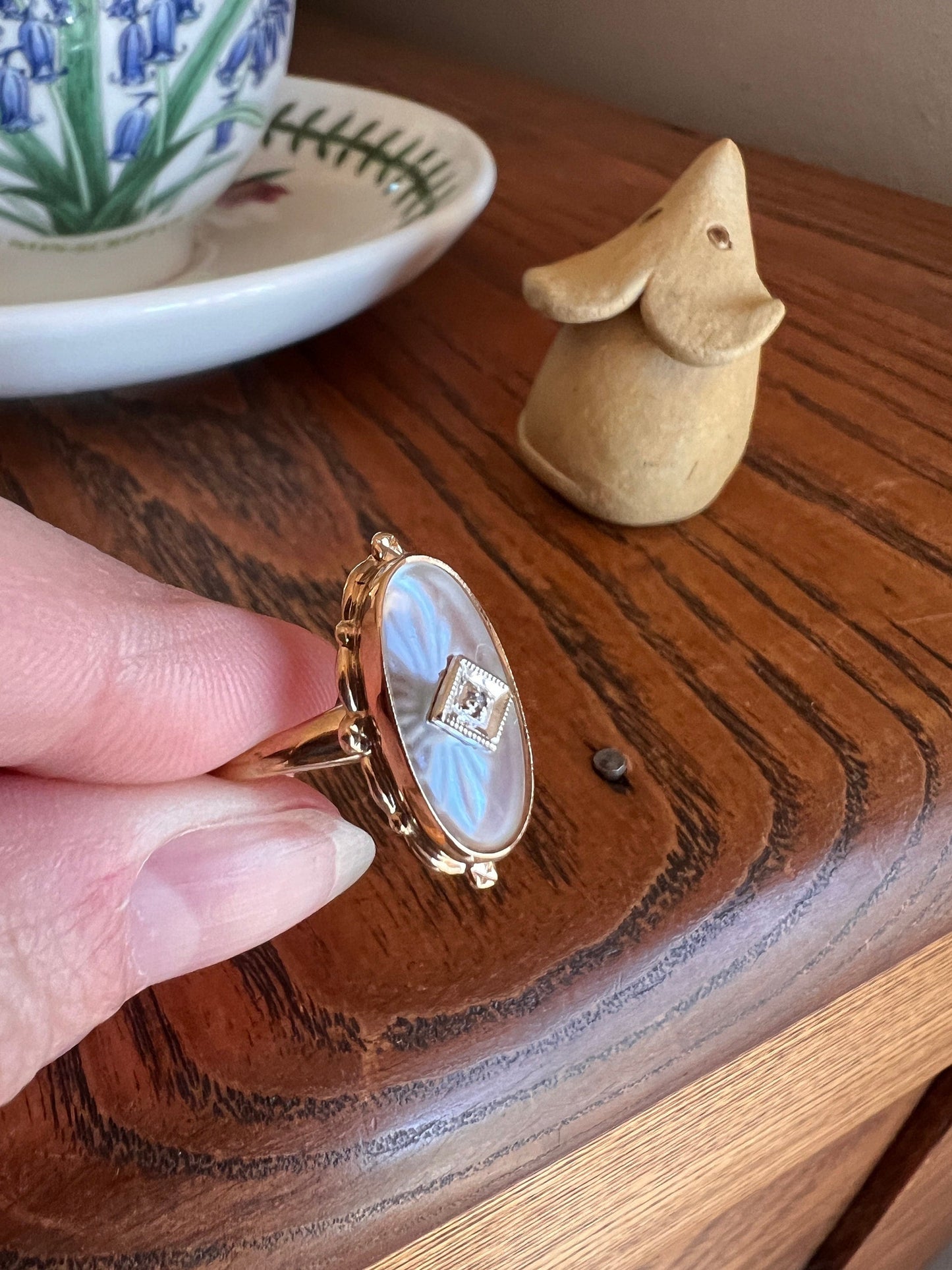 BLUE Glow Antique Camphor Glass Ring Ornate Oval 10k Gold Art Deco Faux Moonstone Rose Cut Diamond Chip Romantic Gift Etched Starburst Lines