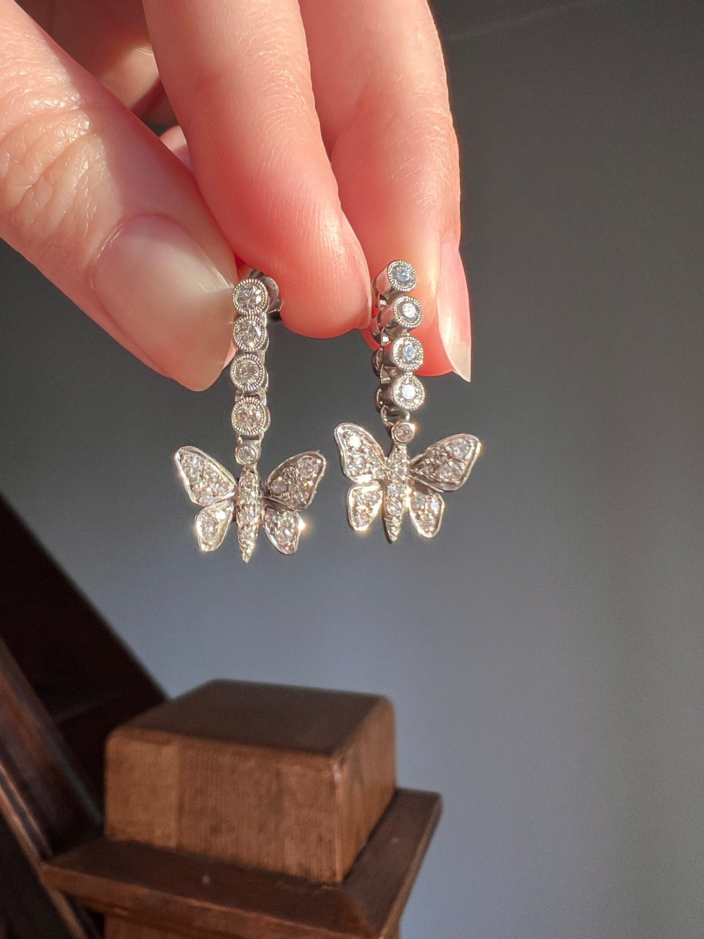 BUTTERFLIES Diamond Vintage Dangle Drop Earrings White Gold Single Cut Linear Figural Butterfly Sparkle Romantic Gift Whimsical