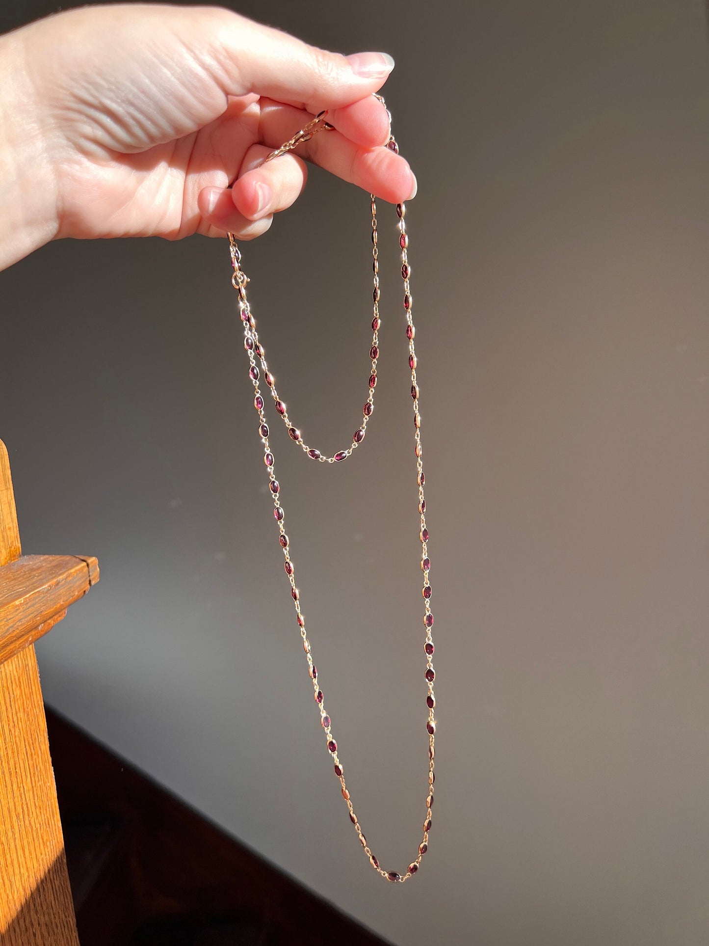 Gorgeous Vintage GARNET Station Chain Long Guard 14k GOLD Necklace Berry Pink Purple Red Oval Cabochon Romantic Gift Neckmess Neckstack Vtg