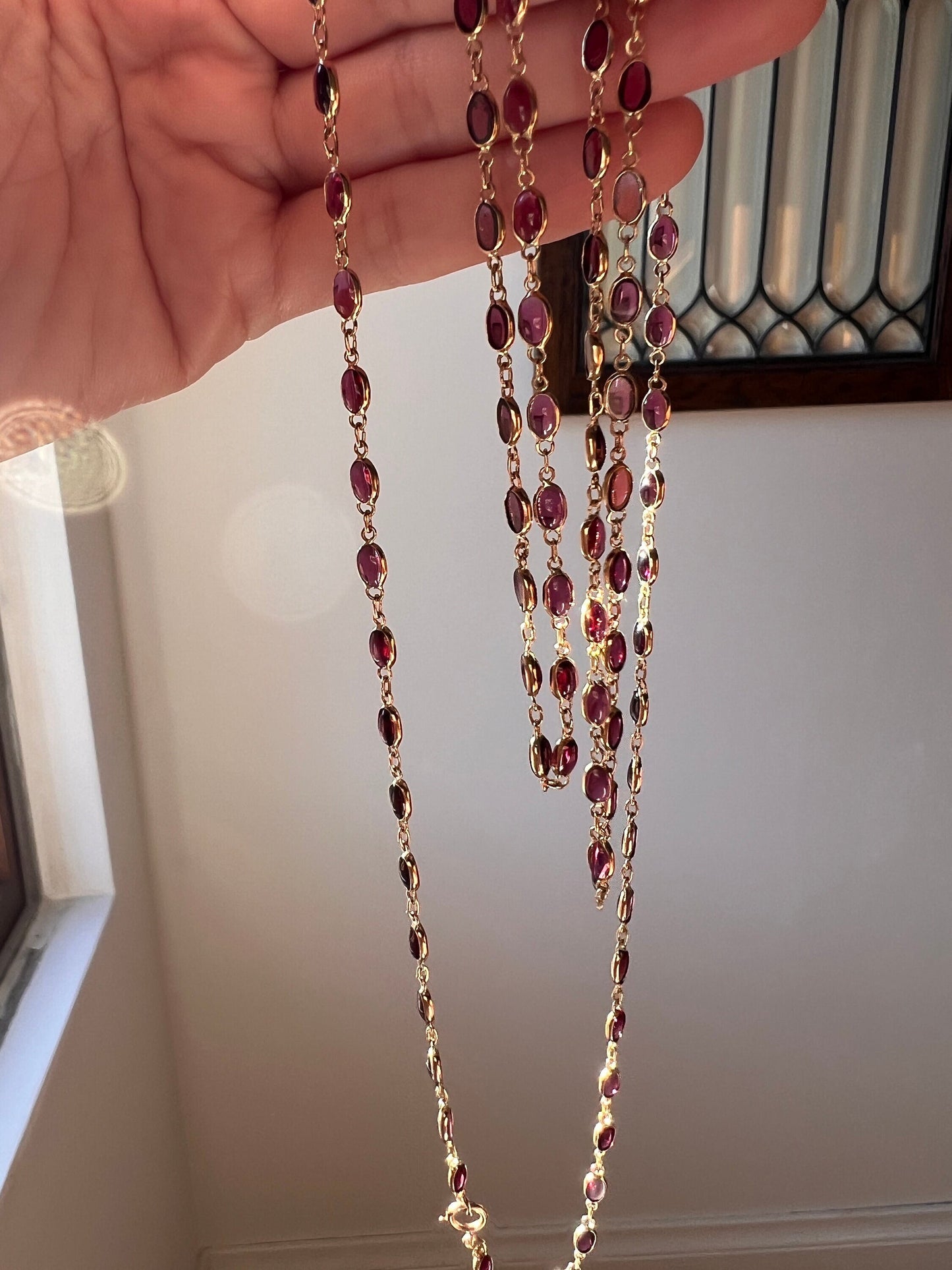 Gorgeous Vintage GARNET Station Chain Long Guard 14k GOLD Necklace Berry Pink Purple Red Oval Cabochon Romantic Gift Neckmess Neckstack Vtg