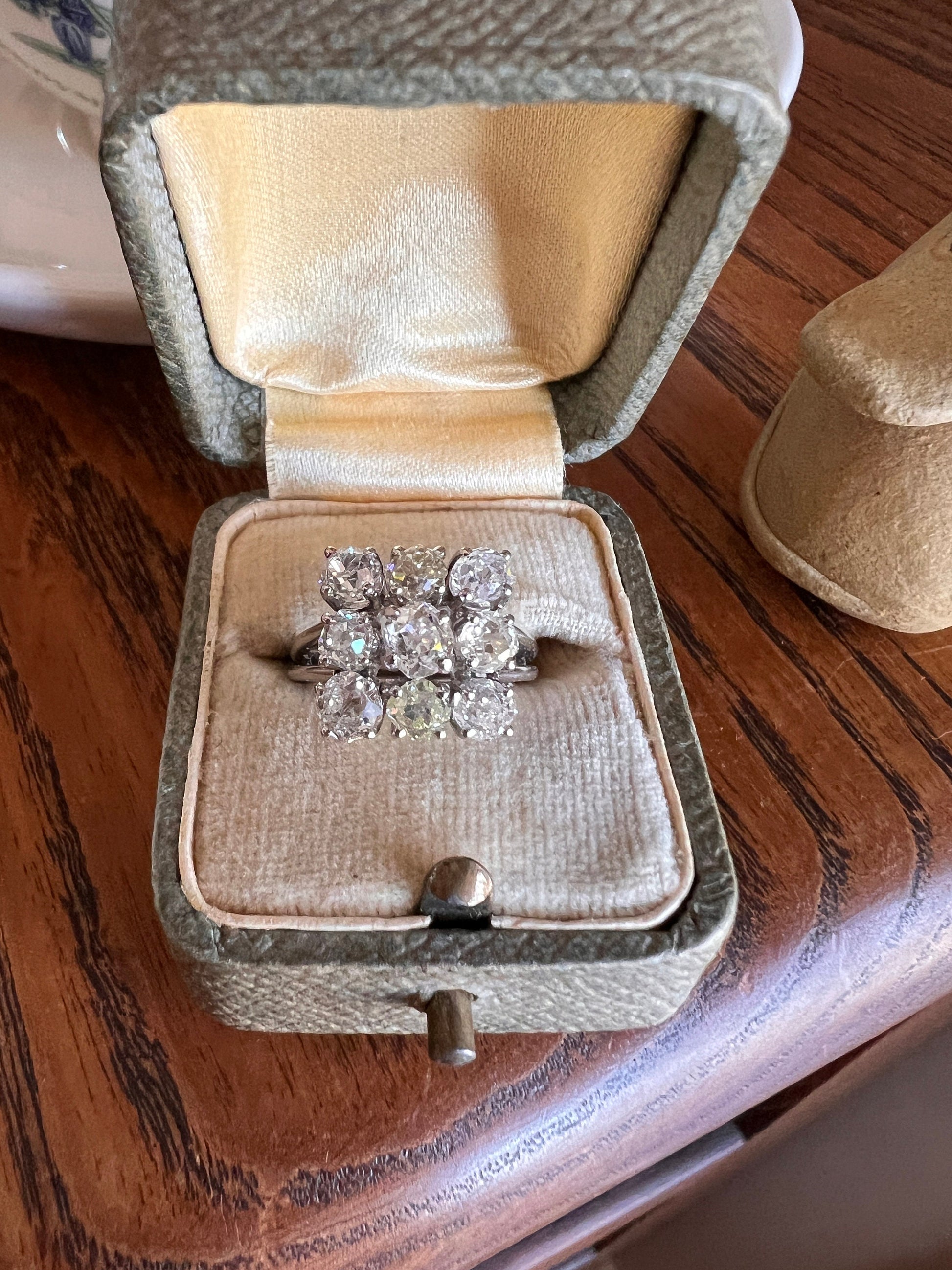 SQUARE Domed Grid French ANTIQUE 1.75 Carats Old Mine Cut Yellow DIAMOND Cluster Ring 18k White Gold Art Deco Gift Belle Epoque Chunky OmC
