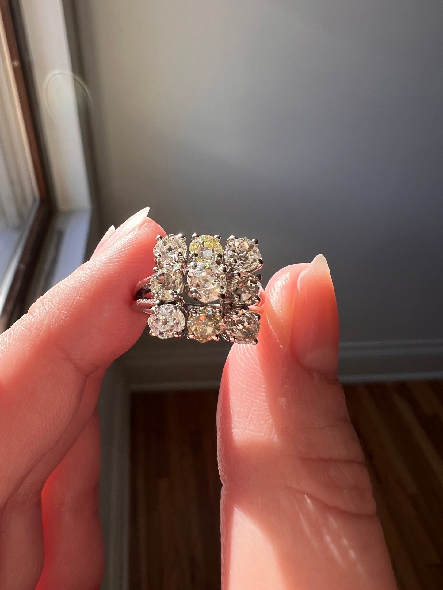 SQUARE Domed Grid French ANTIQUE 1.75 Carats Old Mine Cut Yellow DIAMOND Cluster Ring 18k White Gold Art Deco Gift Belle Epoque Chunky OmC