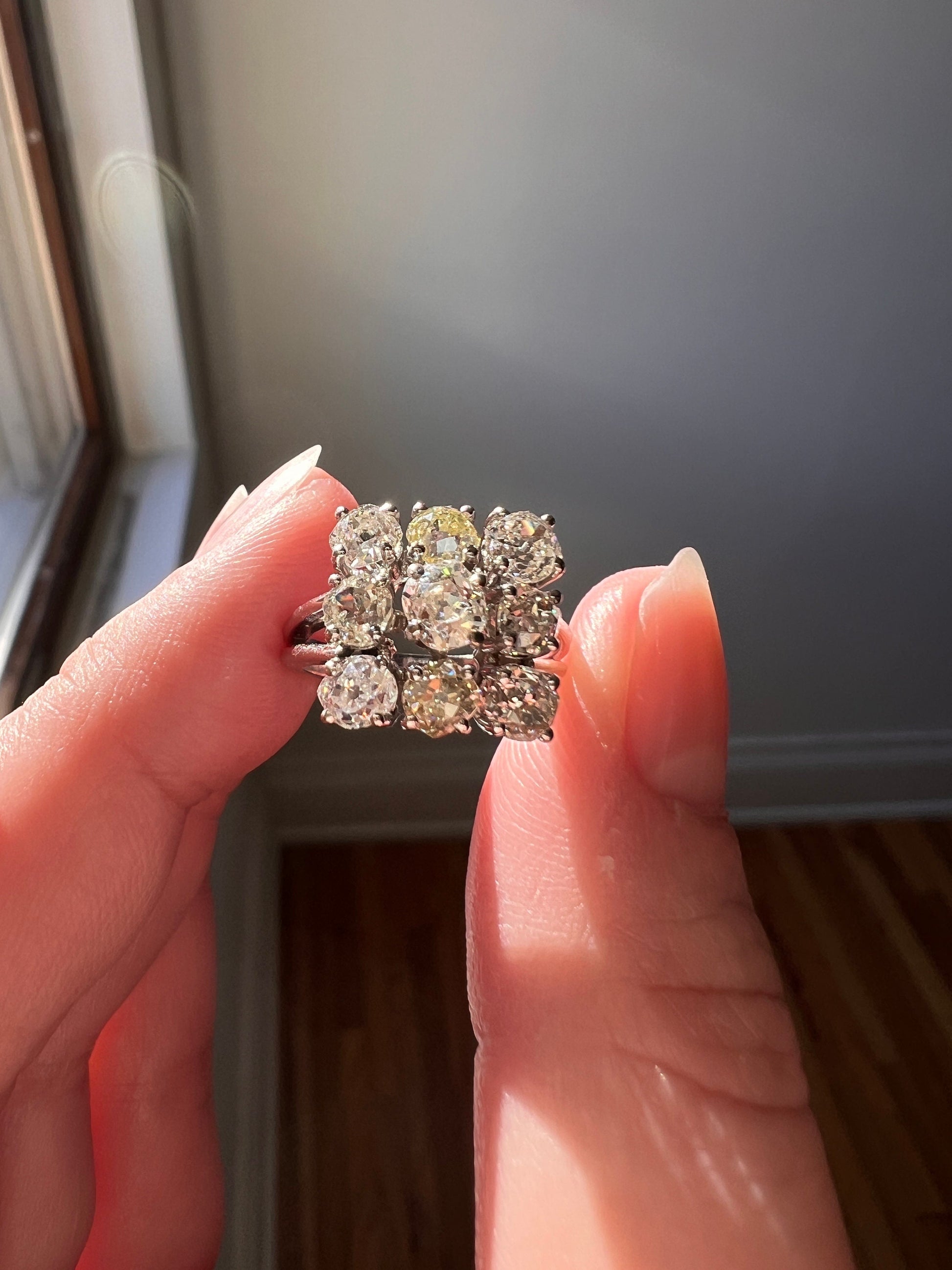 SQUARE Domed Grid French ANTIQUE 1.75 Carats Old Mine Cut Yellow DIAMOND Cluster Ring 18k White Gold Art Deco Gift Belle Epoque Chunky OmC