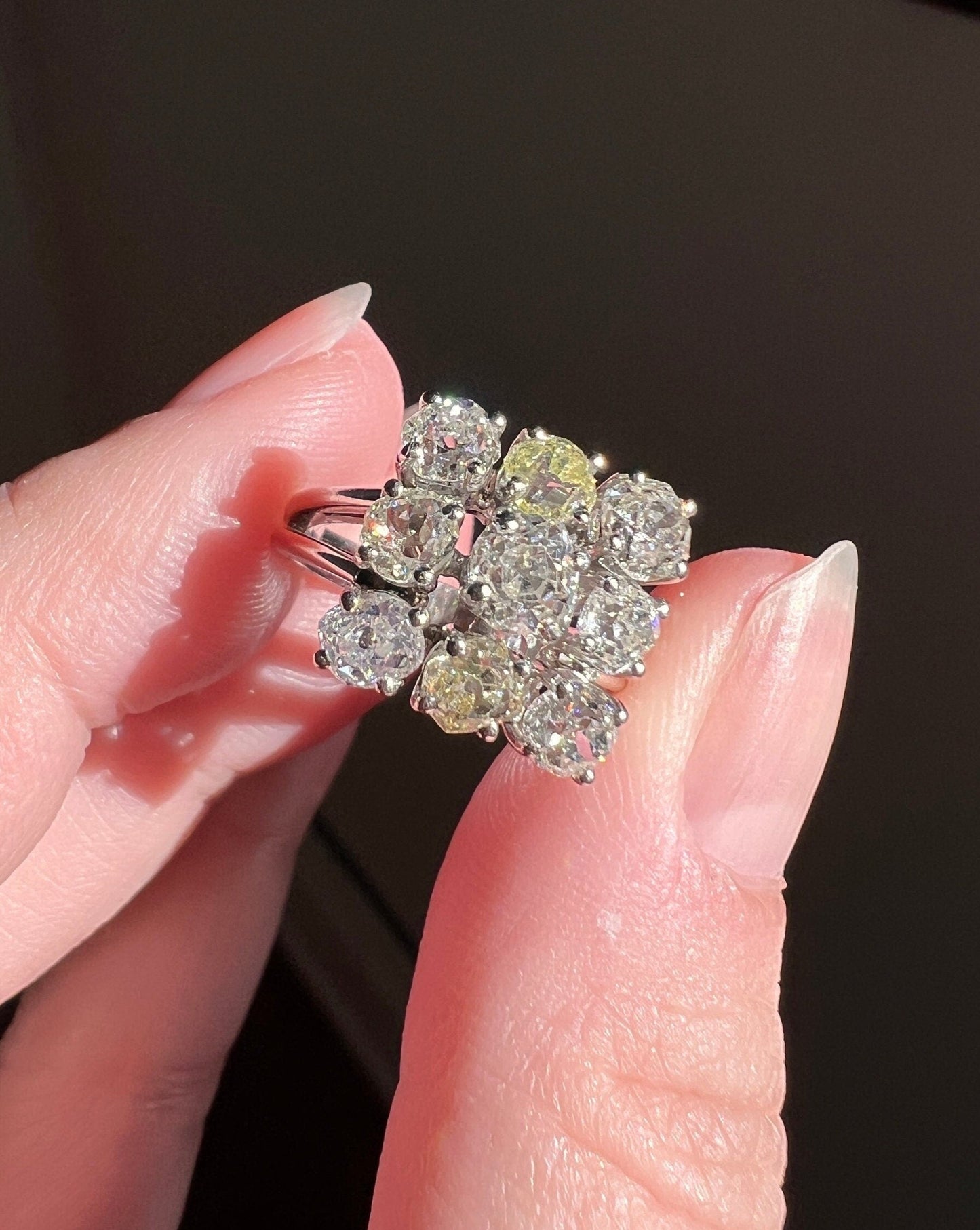 SQUARE Domed Grid French ANTIQUE 1.75 Carats Old Mine Cut Yellow DIAMOND Cluster Ring 18k White Gold Art Deco Gift Belle Epoque Chunky OmC