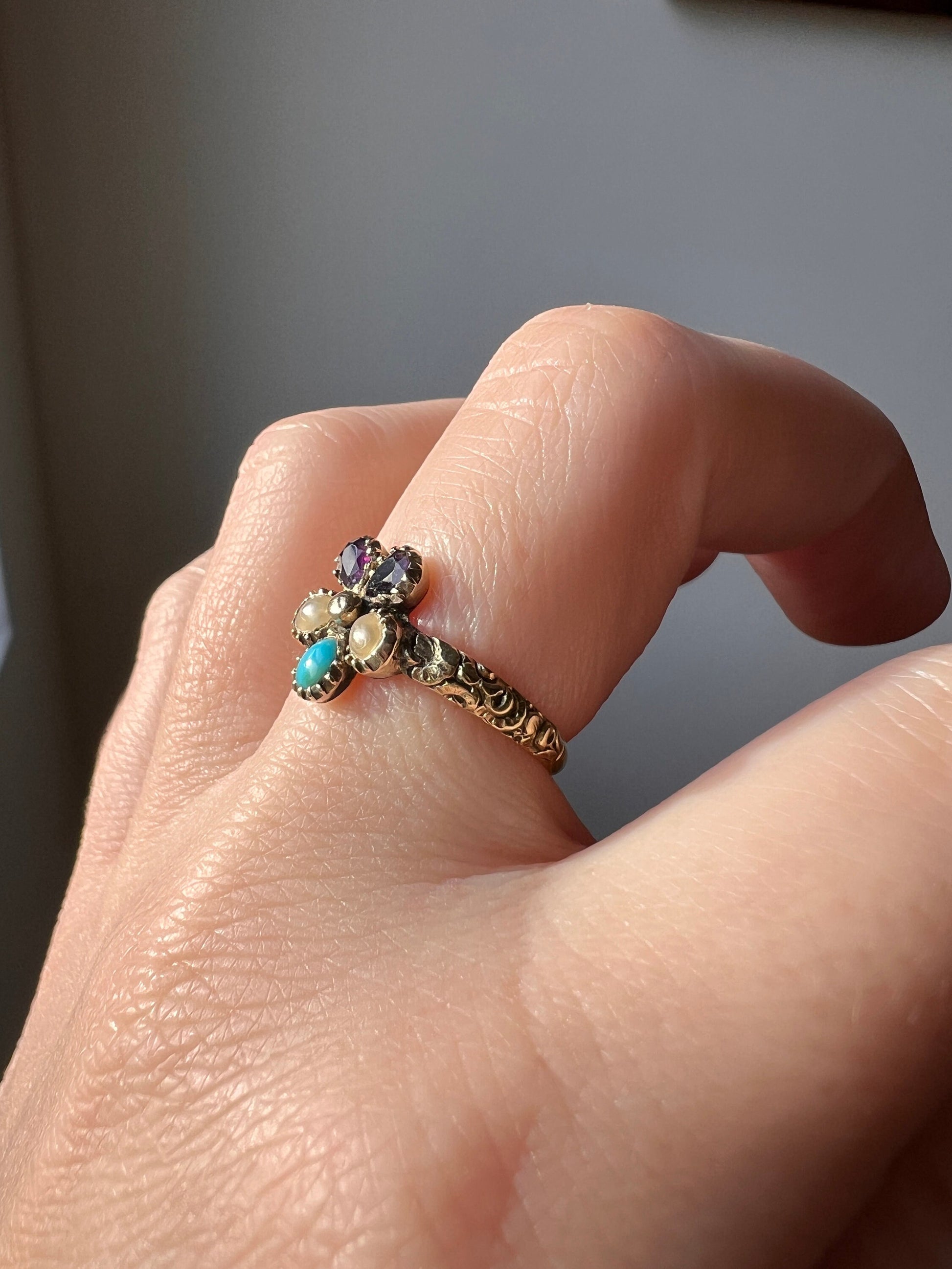 PANSY Victorian to Georgian Antique Figural Floral Ring 15k GOLD Purple Amethyst Turquoise Pearl Embossed Flower Love Romantic Gift Stacker