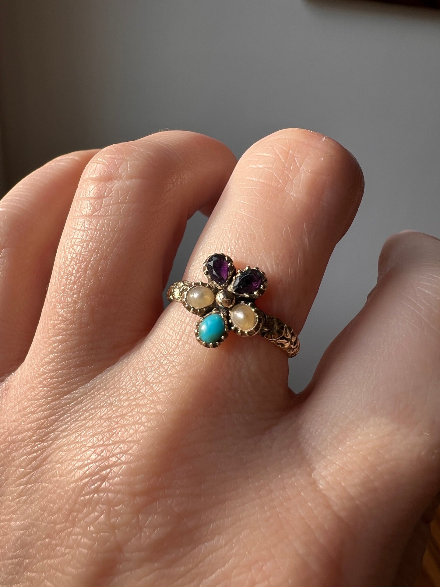 PANSY Victorian to Georgian Antique Figural Floral Ring 15k GOLD Purple Amethyst Turquoise Pearl Embossed Flower Love Romantic Gift Stacker