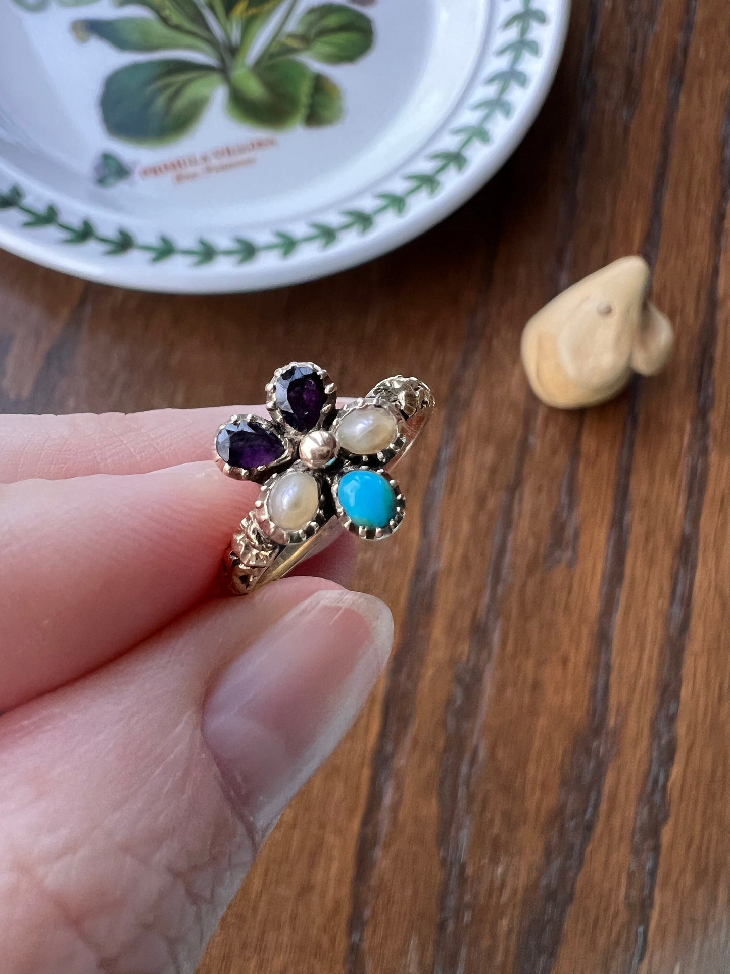 PANSY Victorian to Georgian Antique Figural Floral Ring 15k GOLD Purple Amethyst Turquoise Pearl Embossed Flower Love Romantic Gift Stacker