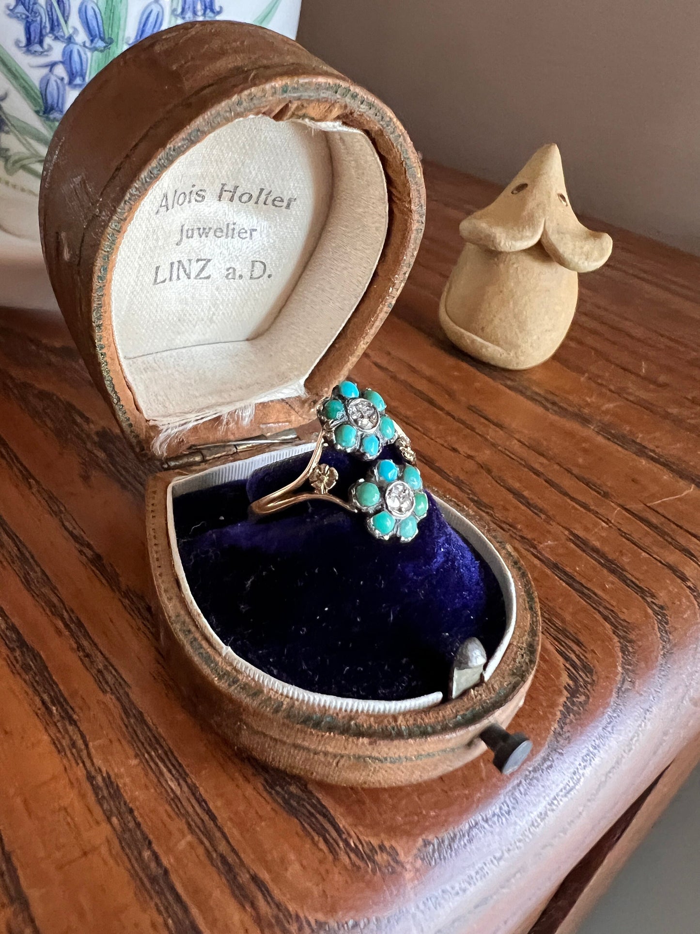 FORGET Me NOT French Victorian to Georgian Antique Figural Floral Ring 18k GOLD Turquoise Rose Cut Diamond Flower Love Romantic Gift Stacker