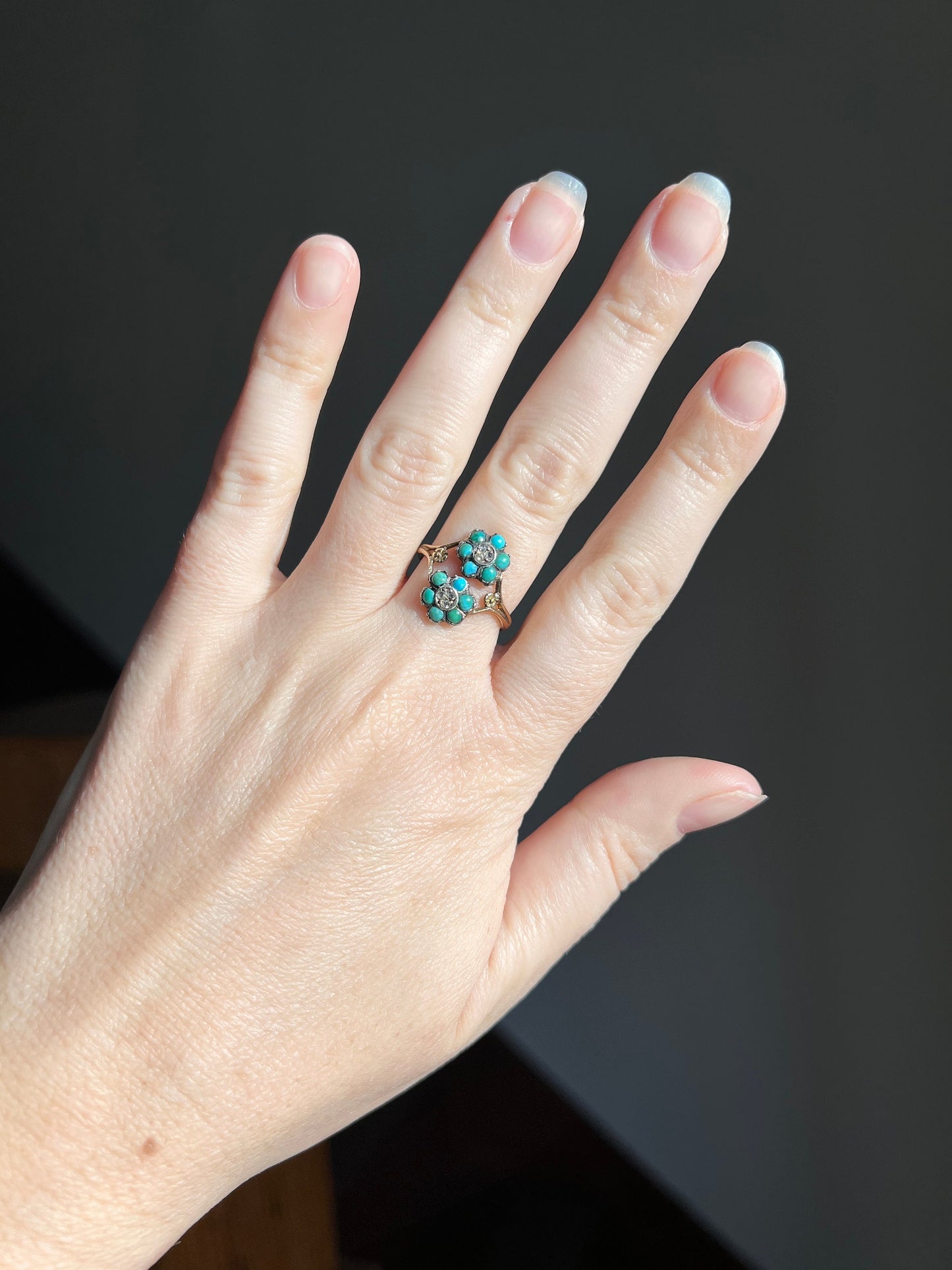 FORGET Me NOT French Victorian to Georgian Antique Figural Floral Ring 18k GOLD Turquoise Rose Cut Diamond Flower Love Romantic Gift Stacker