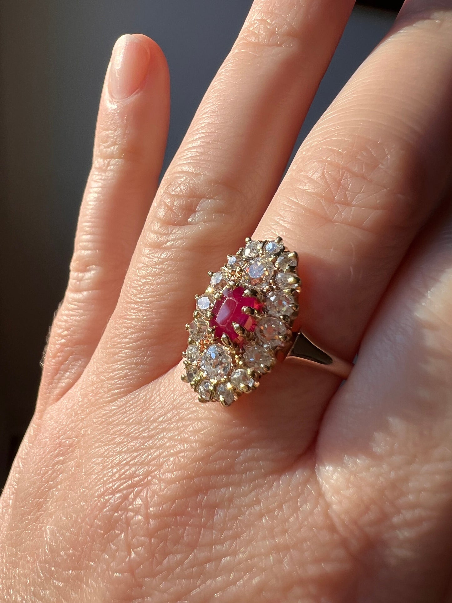 ANTIQUE 1 Carat + OVAL Old Mine Cut DIAMOND & Pink Ruby Sapphire Cluster Ring 18k Gold Romantic Gift Belle Epoque OmC 1 Ct Tdw OmC Navette