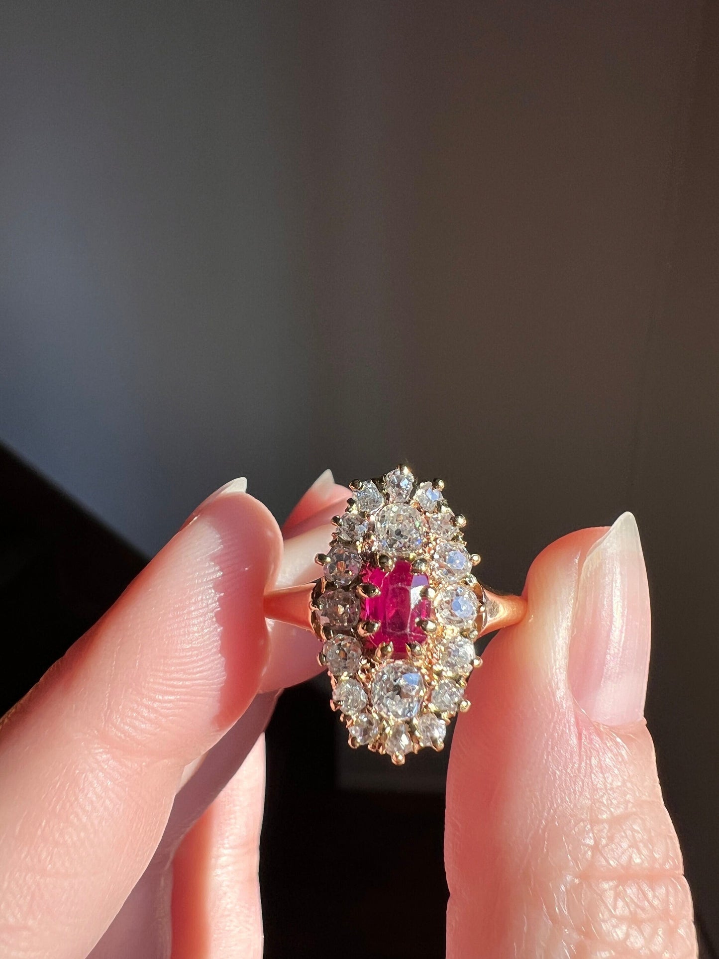 ANTIQUE 1 Carat + OVAL Old Mine Cut DIAMOND & Pink Ruby Sapphire Cluster Ring 18k Gold Romantic Gift Belle Epoque OmC 1 Ct Tdw OmC Navette