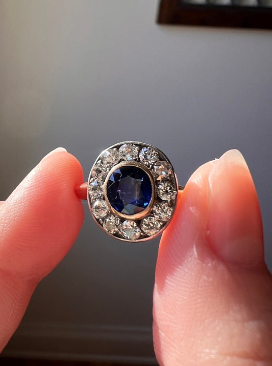 Natural SAPPHIRE French ANTIQUE 1 Carat Old Mine Cut DIAMOND Halo Ring 18k Gold Silver Blue Oval Victorian Belle Epoque Stacker OmC 1Ctw