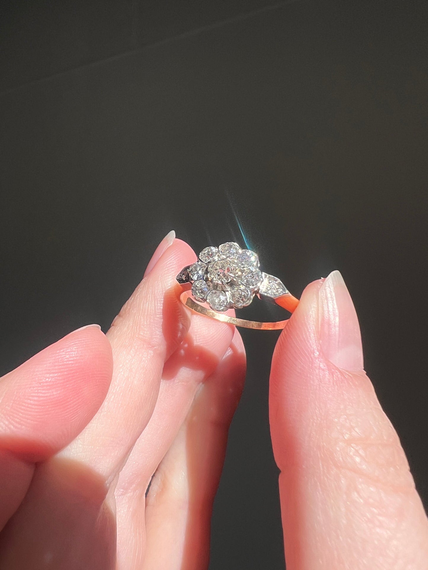 Large FRENCH Antique 1 Carat + 11 Old Mine Cut DiAMOND RiNG 18k Gold PLATINUM 1Ctw Halo Cluster Stacker Romantic Gift Daisy OMC Belle Epoque