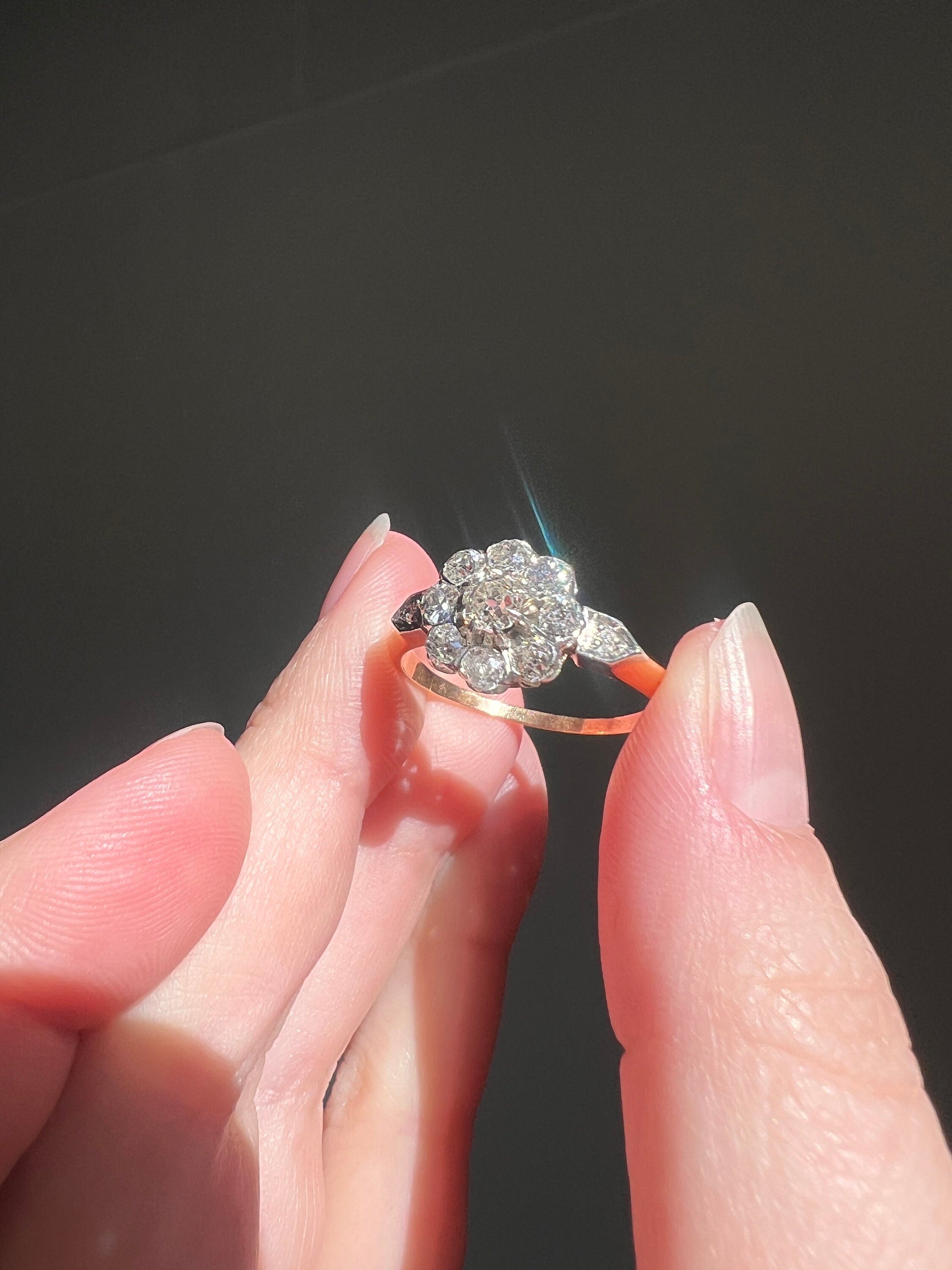 Large FRENCH Antique 1 Carat + 11 Old Mine Cut DiAMOND RiNG 18k Gold PLATINUM 1Ctw Halo Cluster Stacker Romantic Gift Daisy OMC Belle Epoque