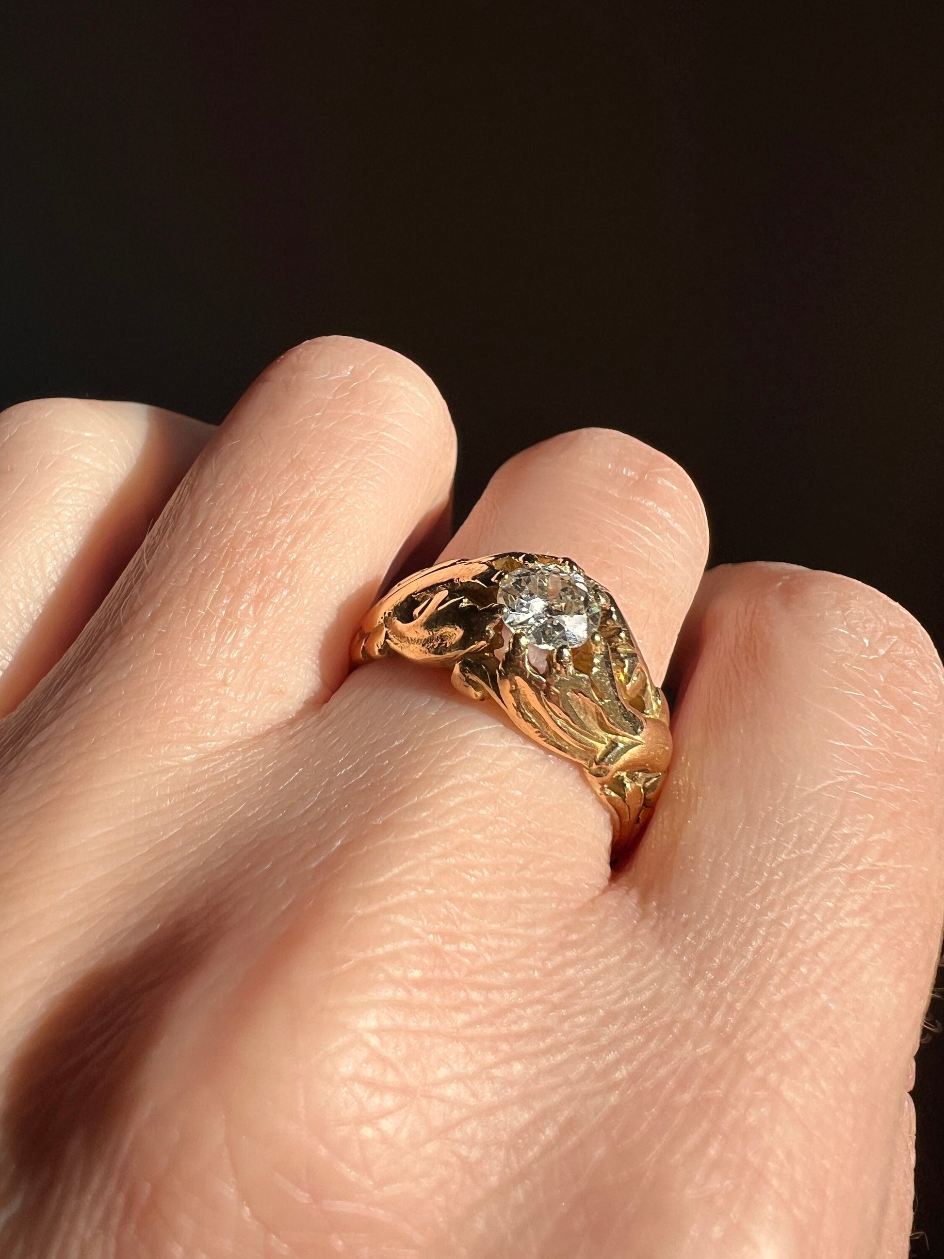 HEAVY French Antique .5 Carat Transitional Cut DIAMOND Swirl GYPSY Ring 9.5g 18k Gold Chunky Stacker Unisex Man Woman Art Deco Leaf .5Ctw