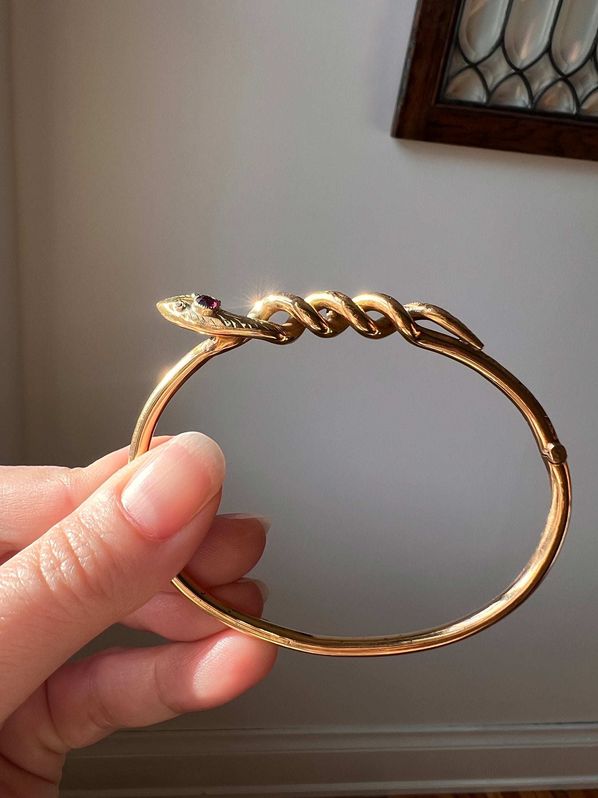 Coiled SNAKE Bangle Bracelet French ANTiQUE 8.2g 18k GOLD Ruby Head Eyes Figural ViCTORIAN Belle Epoque Wriststack Romantic Gift Art Nouveau