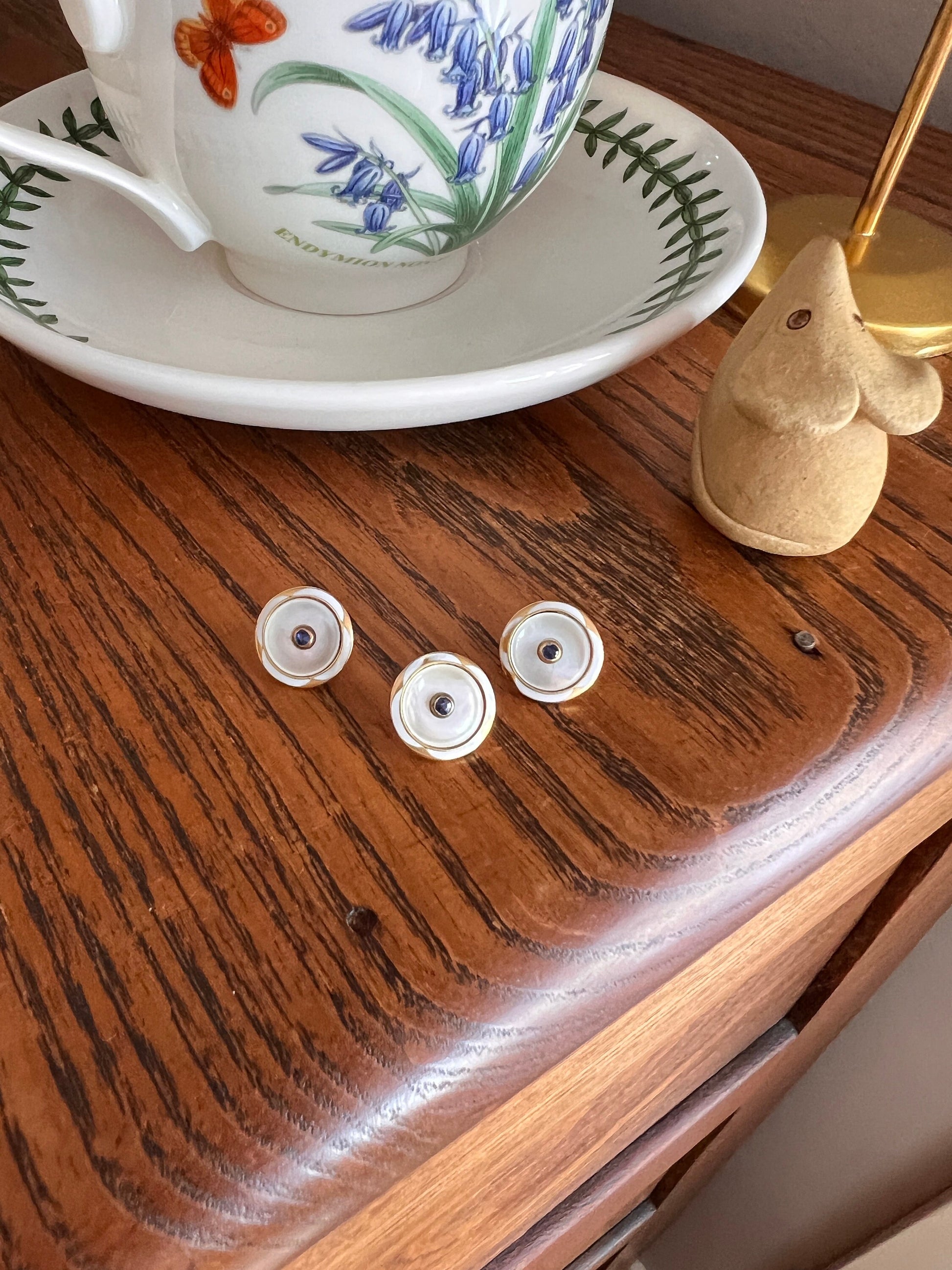 SET of THREE SAPPHIRE Mother of Pearl White Enamel Art Deco French Antique Charms Buttons 18k Gold Conversion Earrings Pendant Belle Epoque