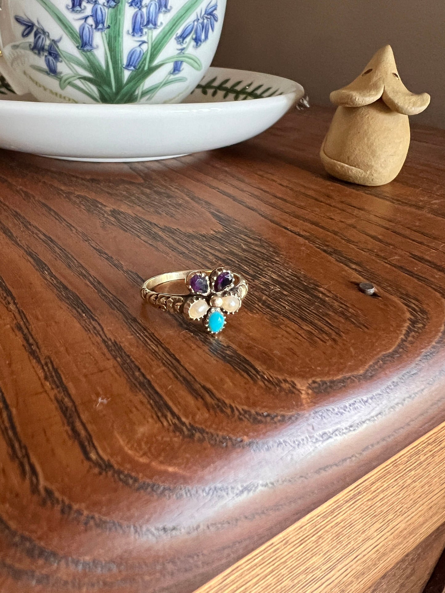 PANSY Victorian to Georgian Antique Figural Floral Ring 15k GOLD Purple Amethyst Turquoise Pearl Embossed Flower Love Romantic Gift Stacker