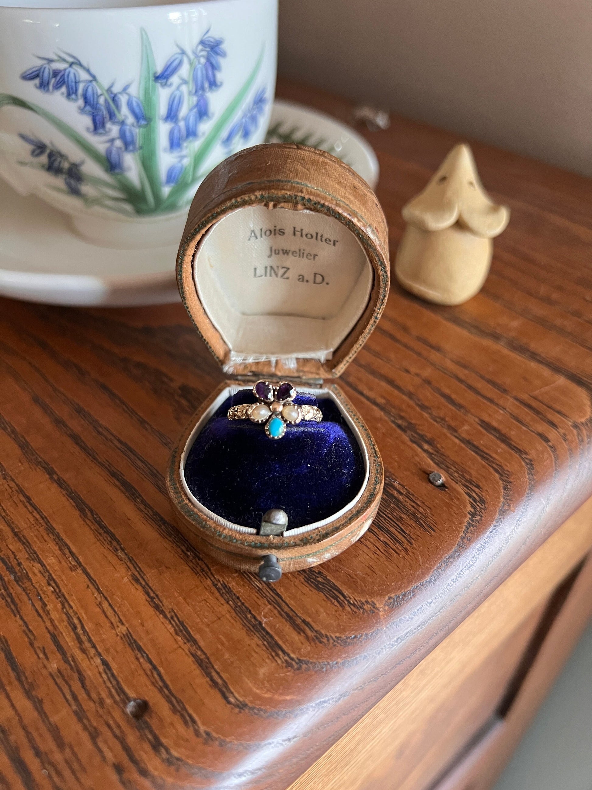 PANSY Victorian to Georgian Antique Figural Floral Ring 15k GOLD Purple Amethyst Turquoise Pearl Embossed Flower Love Romantic Gift Stacker