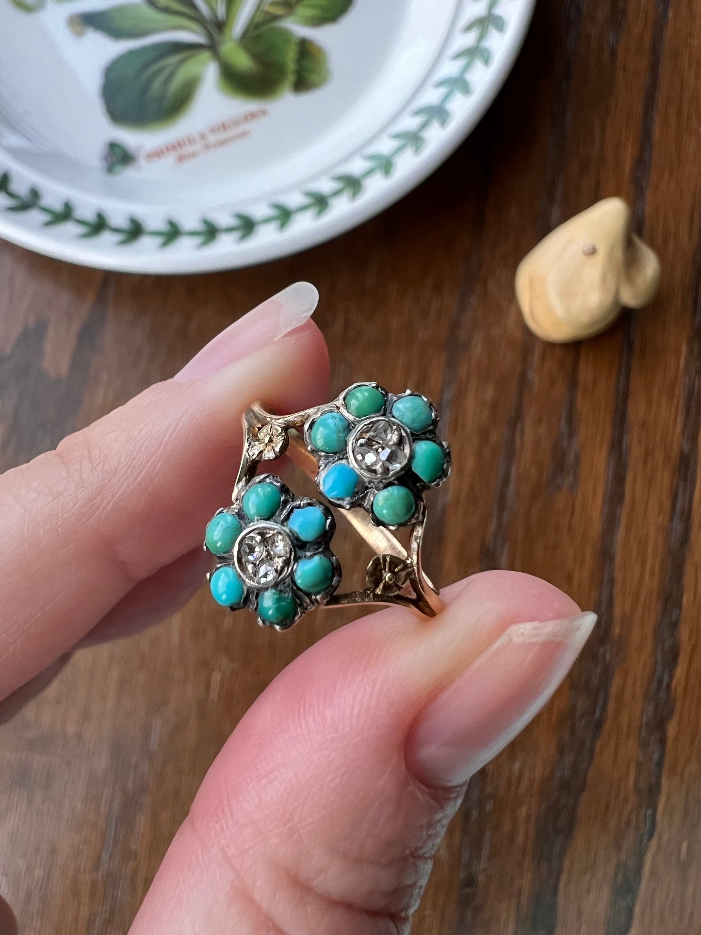 FORGET Me NOT French Victorian to Georgian Antique Figural Floral Ring 18k GOLD Turquoise Rose Cut Diamond Flower Love Romantic Gift Stacker