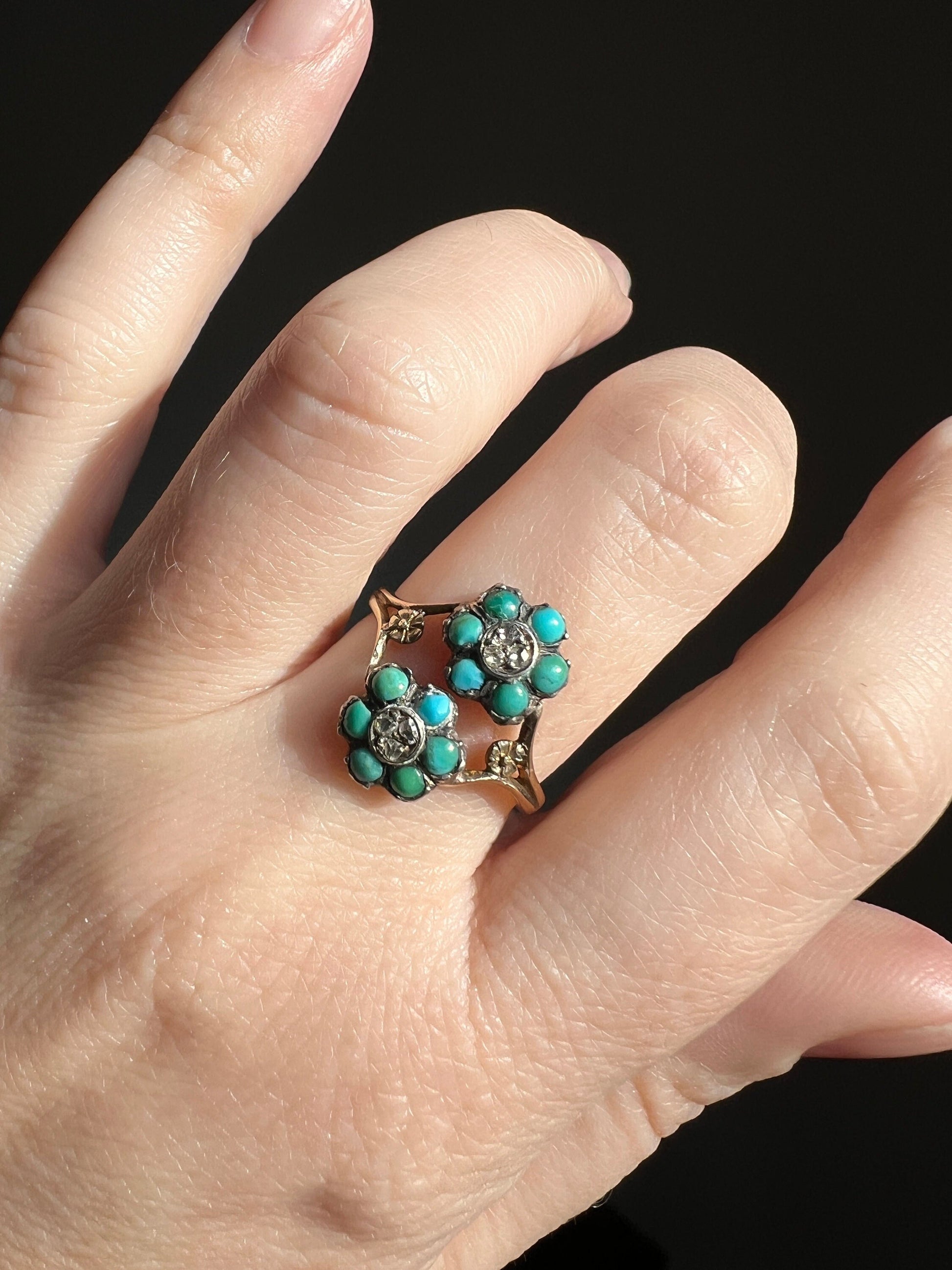 FORGET Me NOT French Victorian to Georgian Antique Figural Floral Ring 18k GOLD Turquoise Rose Cut Diamond Flower Love Romantic Gift Stacker